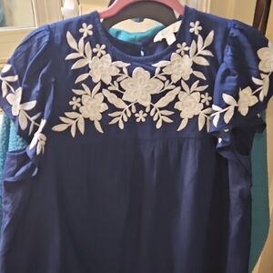 Crown & Ivy Womens Blue Top with White Embroidery
